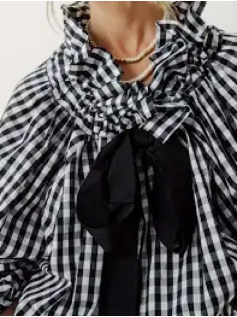 Black & White Gingham Ruffle Neck Blouse with Bow